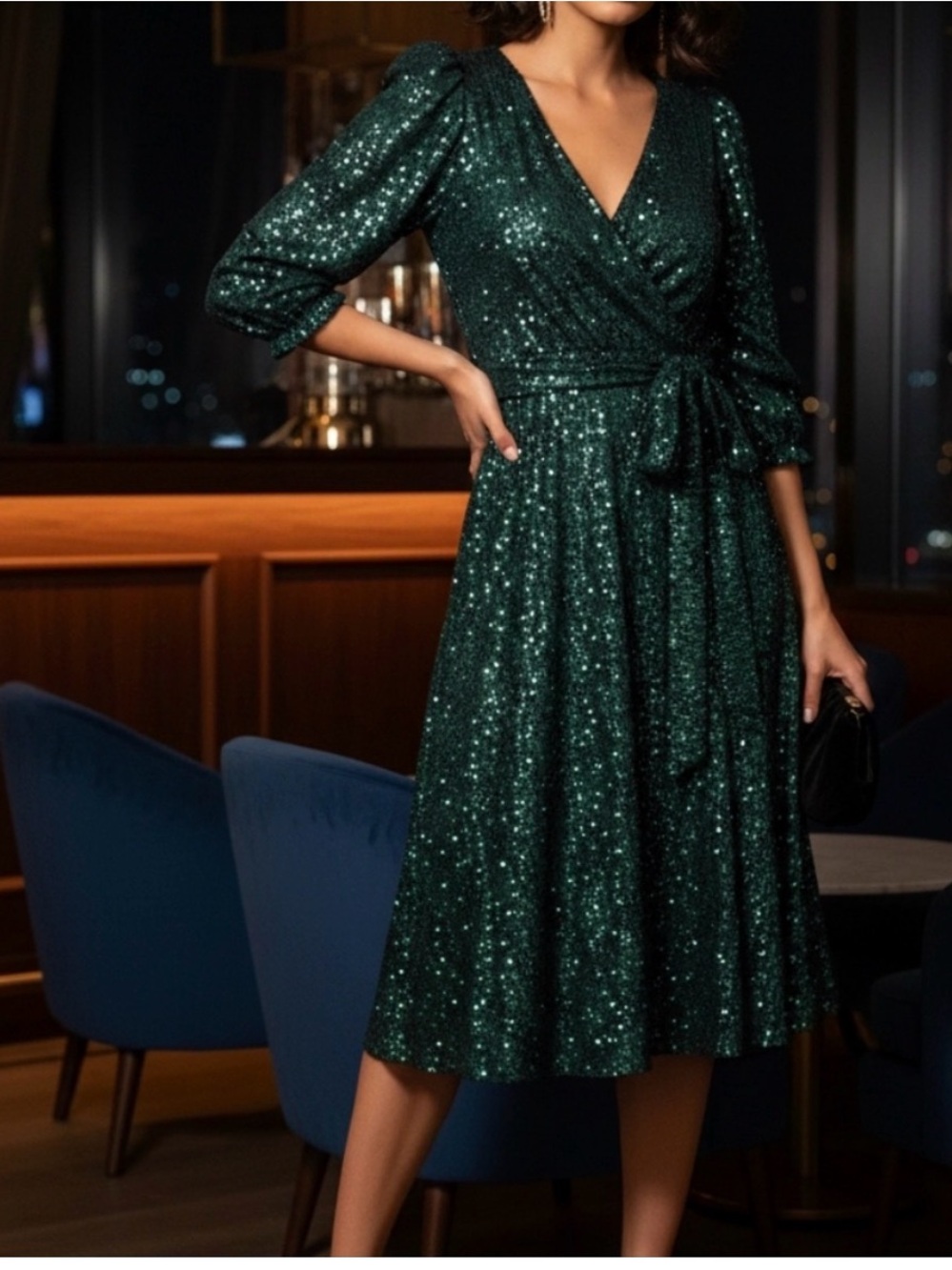 DKNY Emerald Green Sequin Wrap Midi Dress